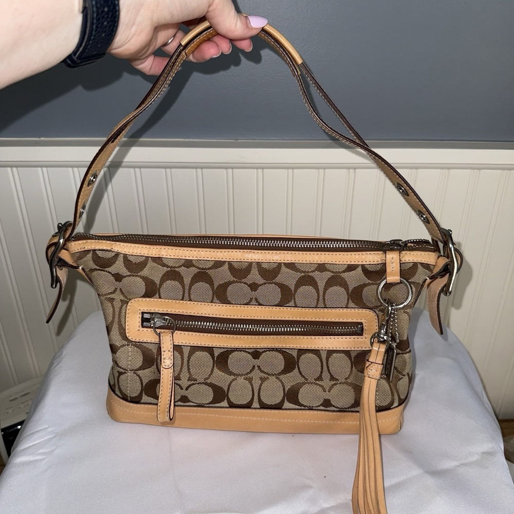 Vintage COACH Signature Canvas Leather East West Shoulder Bag Brown Tan Y2K